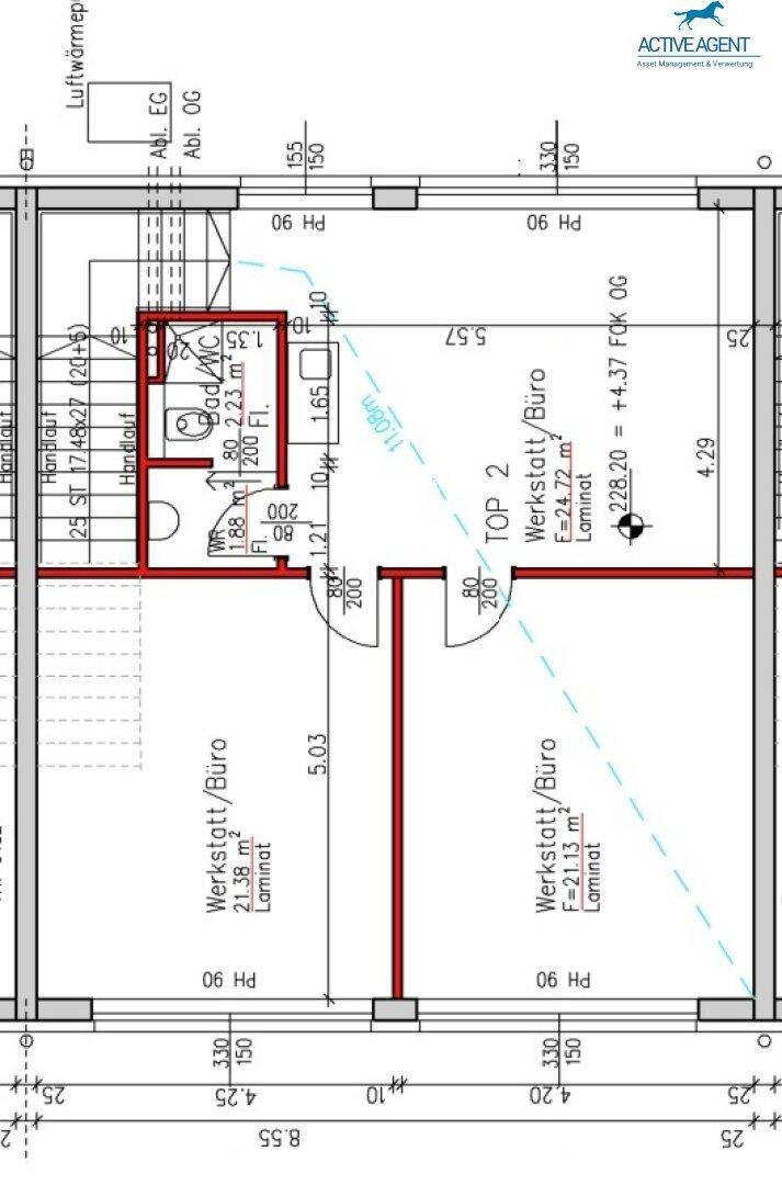 Grundriss des Obergeschosses mit Büroräumen, Werkstattbereichen und einem weiteren WC.