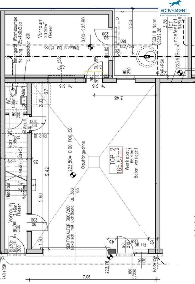Grundriss des Erdgeschosses mit Werkstatt, Vorraum und WC-Bereich.