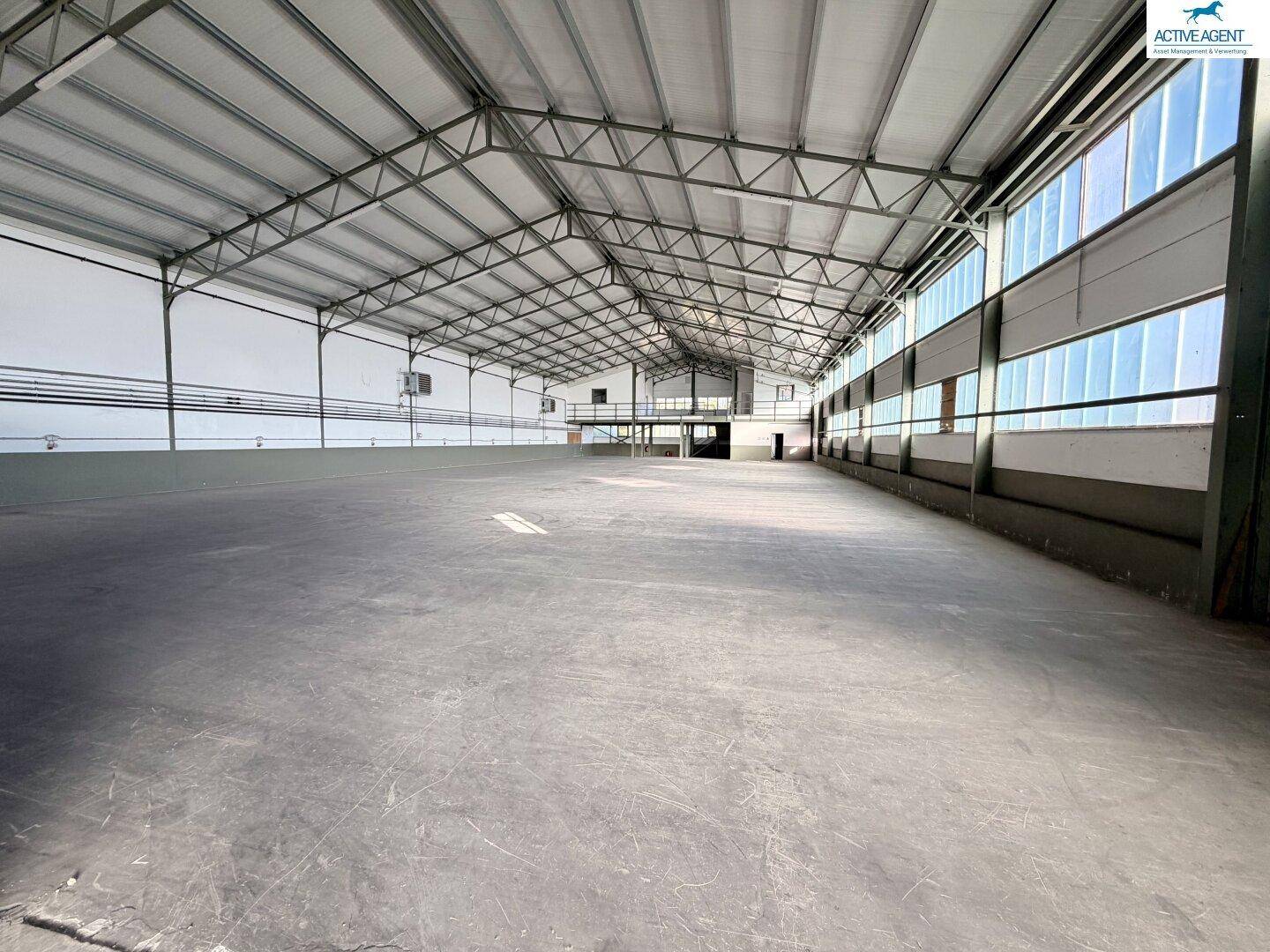 Weitläufige Industriehalle mit Betonboden und offener Dachkonstruktion, ideal für Lagerung.