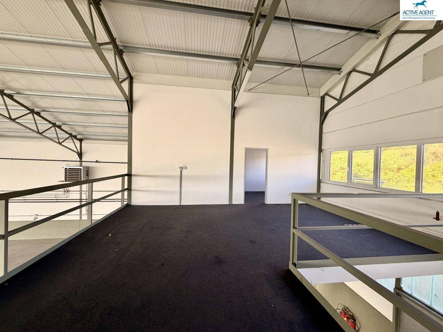 Mezzanine-Ebene mit Teppichboden und Fenstern, die einen grünen Ausblick bieten.