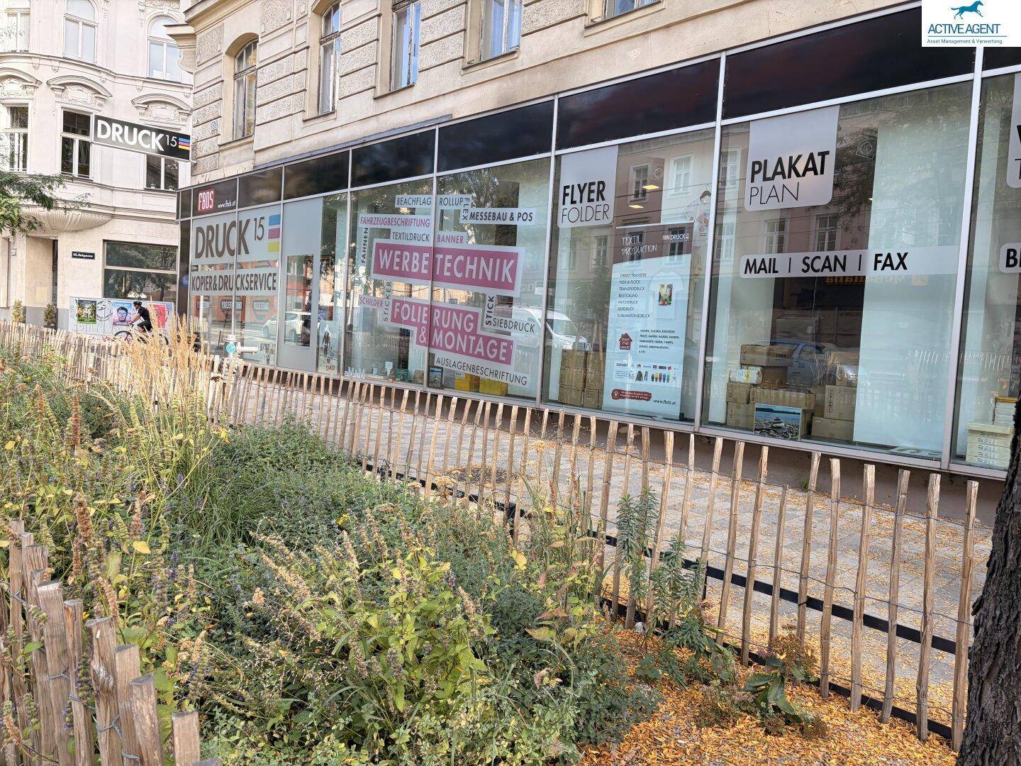 Detailansicht der Schaufenster des Geschäfts mit Werbeplakaten und einer kleinen Grünfläche davor.