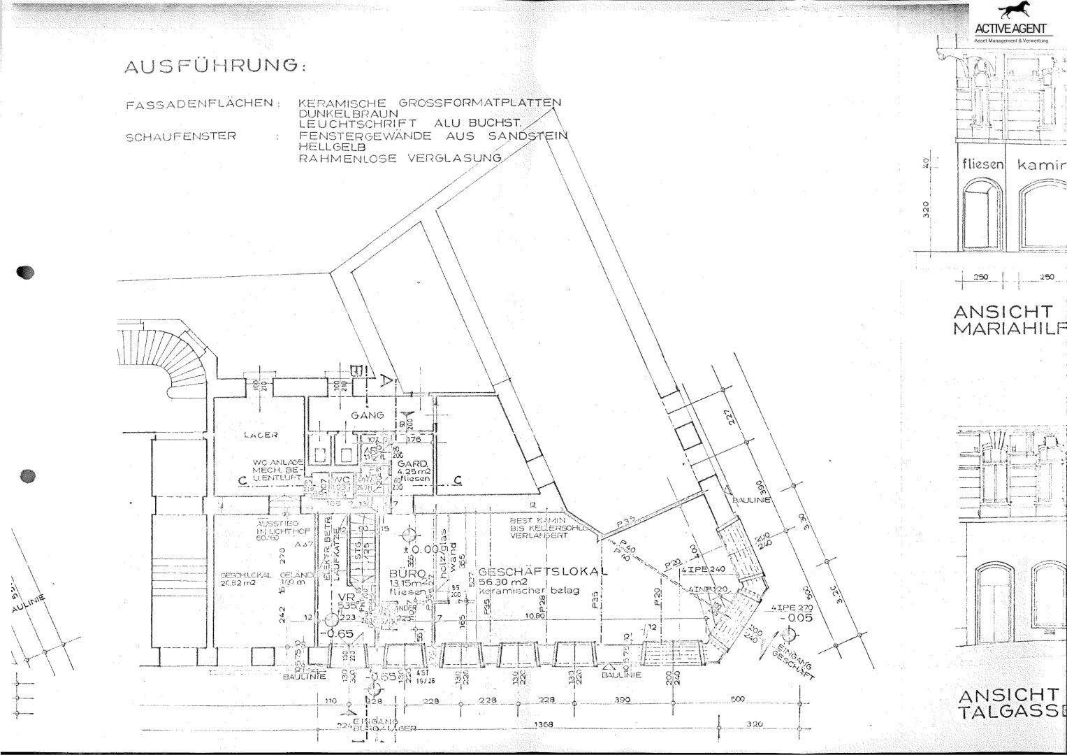 Grundriss des Erdgeschosses mit Geschäftsräumen und Details zur Fassadengestaltung.
