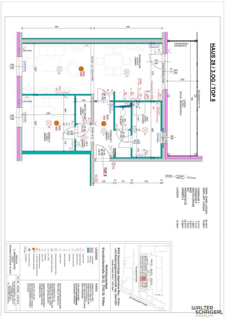 Detaillierter Grundriss einer Wohnung mit mehreren Zimmern und Loggia.