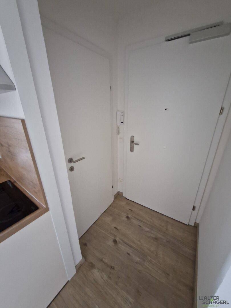 Eingangsbereich mit weißer Wohnungstür, Gegensprechanlage und Laminatboden.