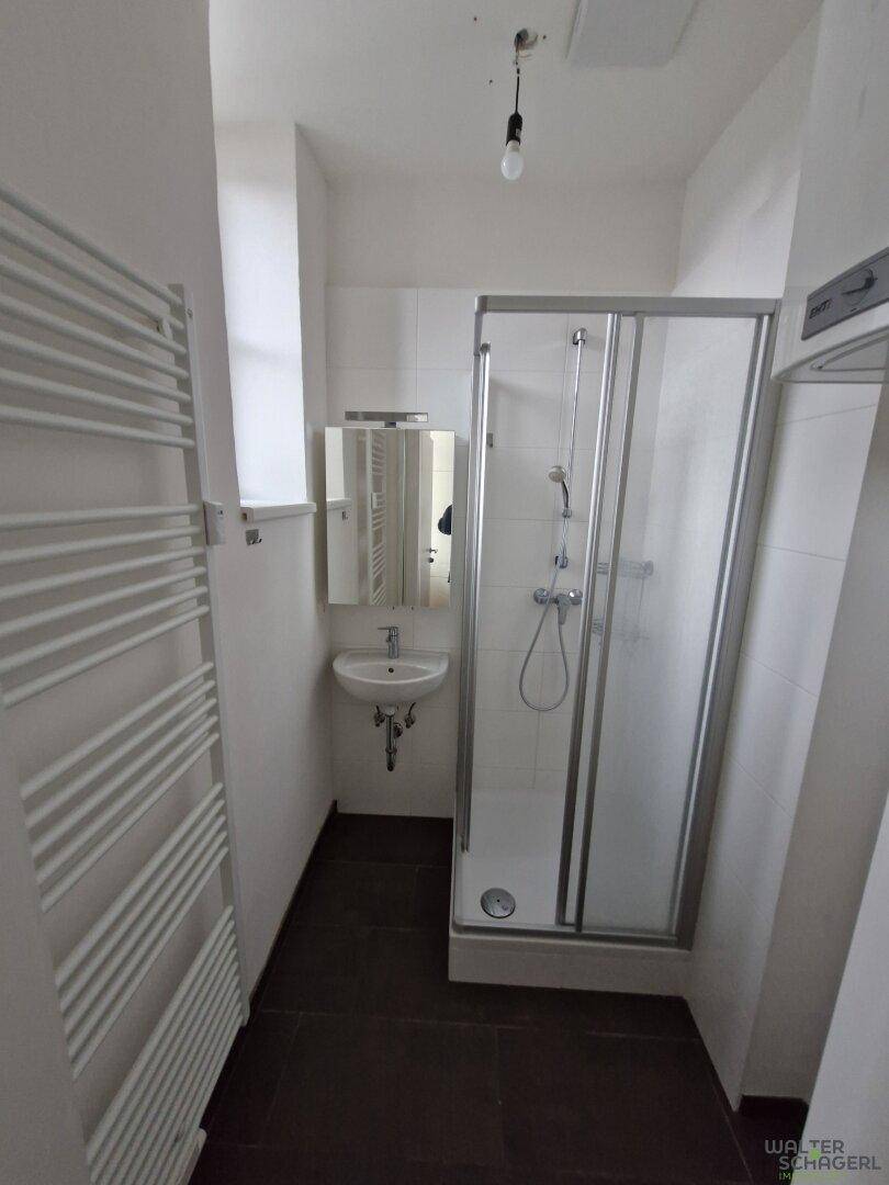 Modernes Badezimmer mit Duschkabine, Waschbecken und beheiztem Handtuchhalter.