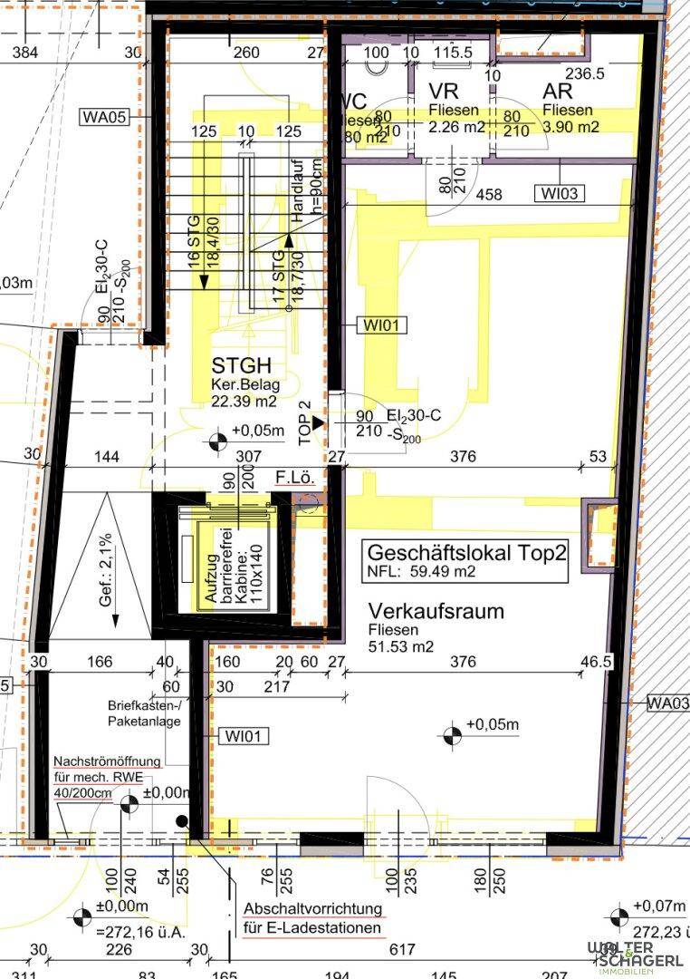 Detaillierter Grundriss eines Geschäftslokals mit Verkaufsraum, Lager und barrierefreiem Aufzug im Erdgeschoss.