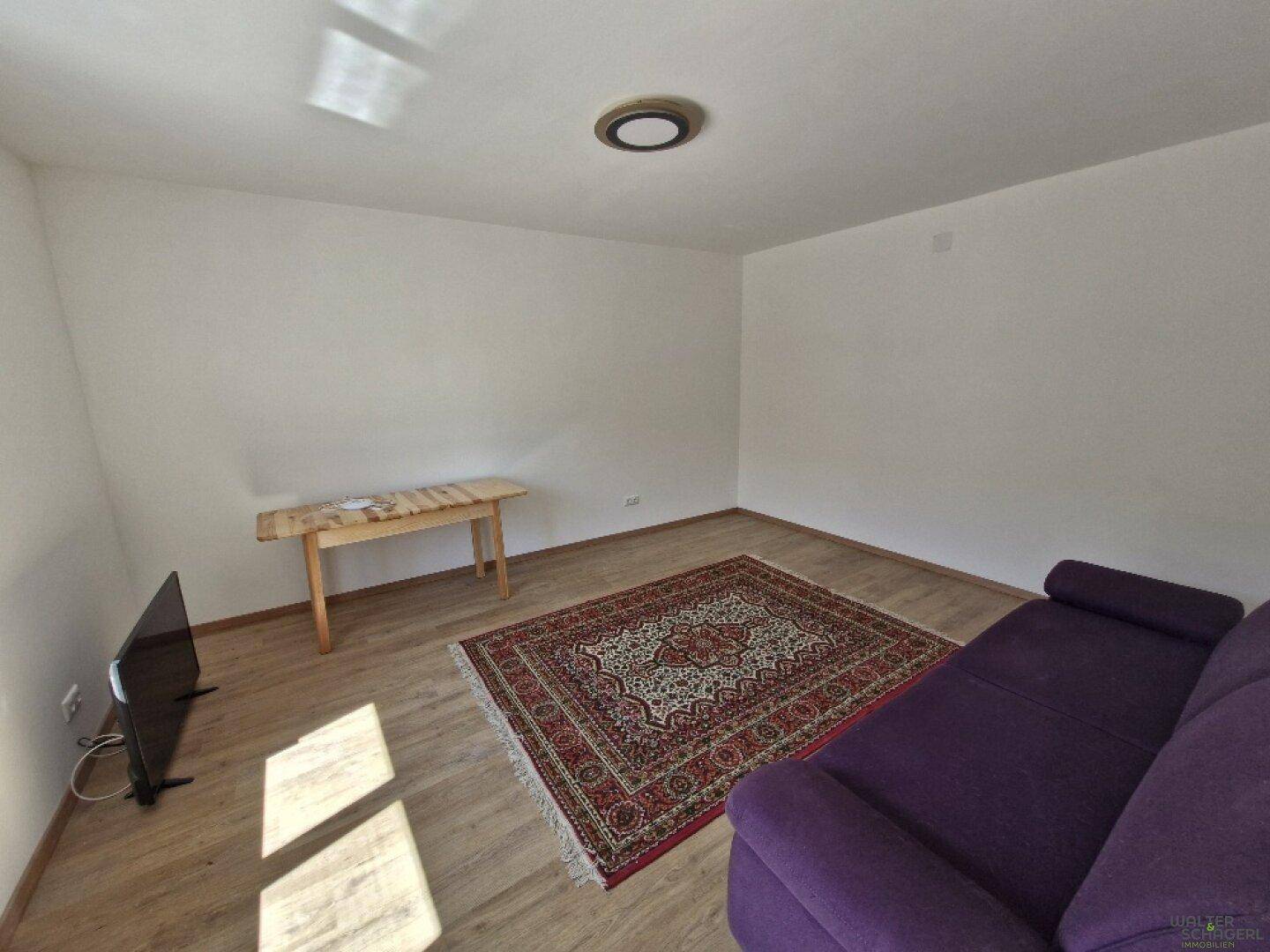 Gemütliches Wohnzimmer mit Holzboden, Teppich und einem lila Sofa.