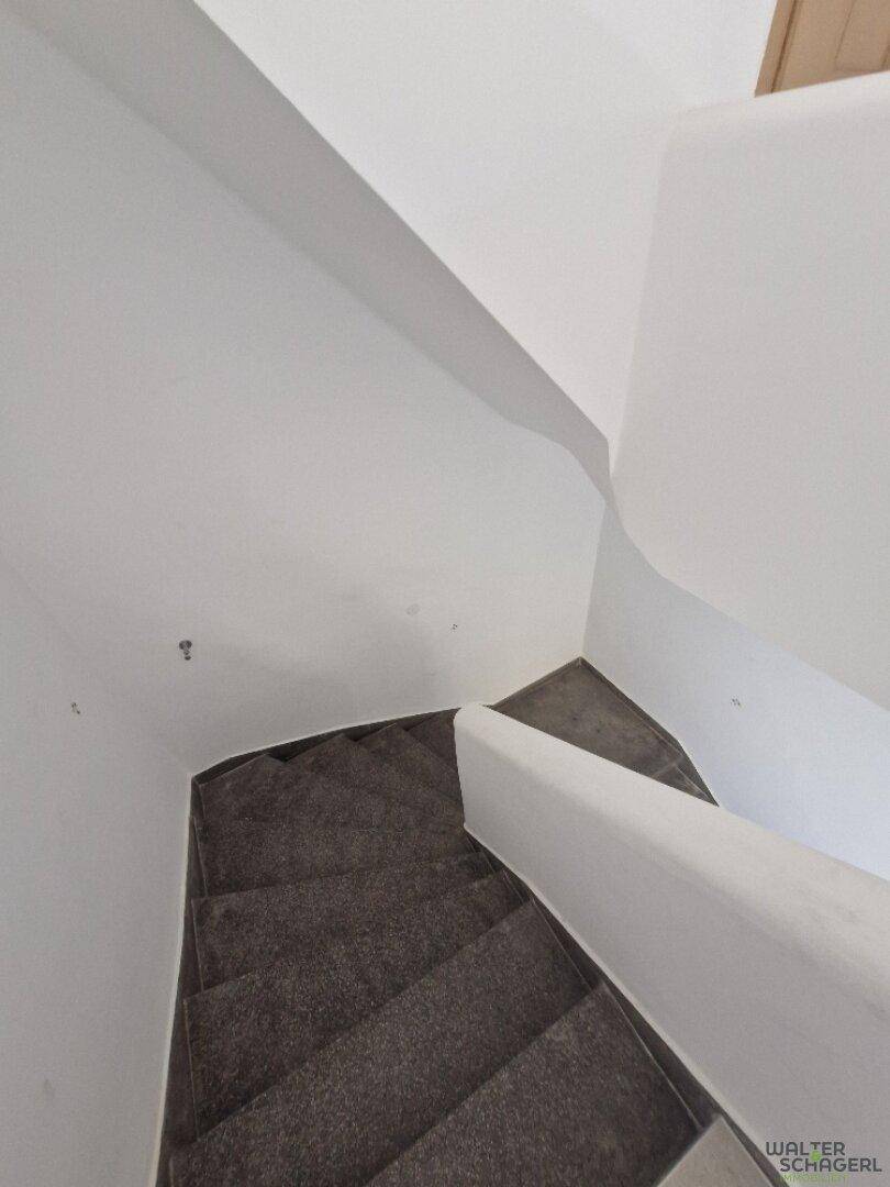 Wendeltreppe mit Teppichboden und weiß gestrichenen Wänden, die in ein Obergeschoss führt.