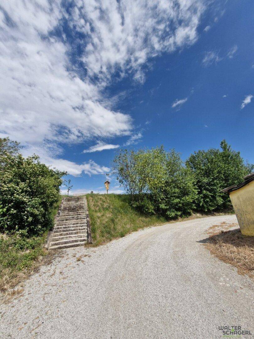 Schotterweg und Steintreppe führen einen grasbewachsenen Hügel hinauf unter blauem Himmel.
