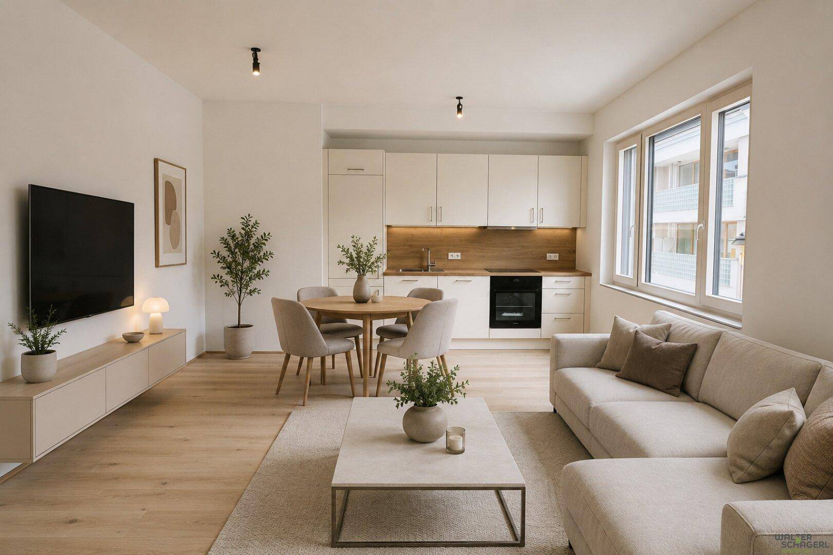 Heller offener Wohn-Essbereich mit moderner Küche, Esstisch und gemütlichem Sofa.