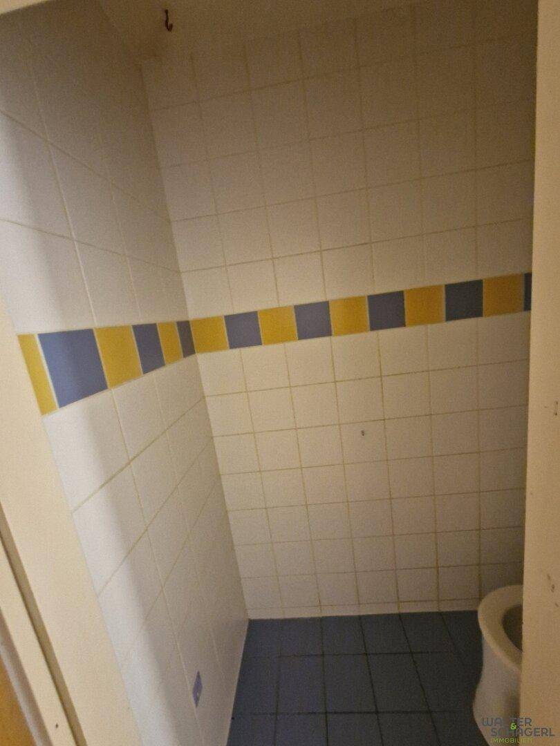 Kleines WC mit blauen und gelben Fliesen an Wänden und Boden, ausgestattet mit einer Toilette.