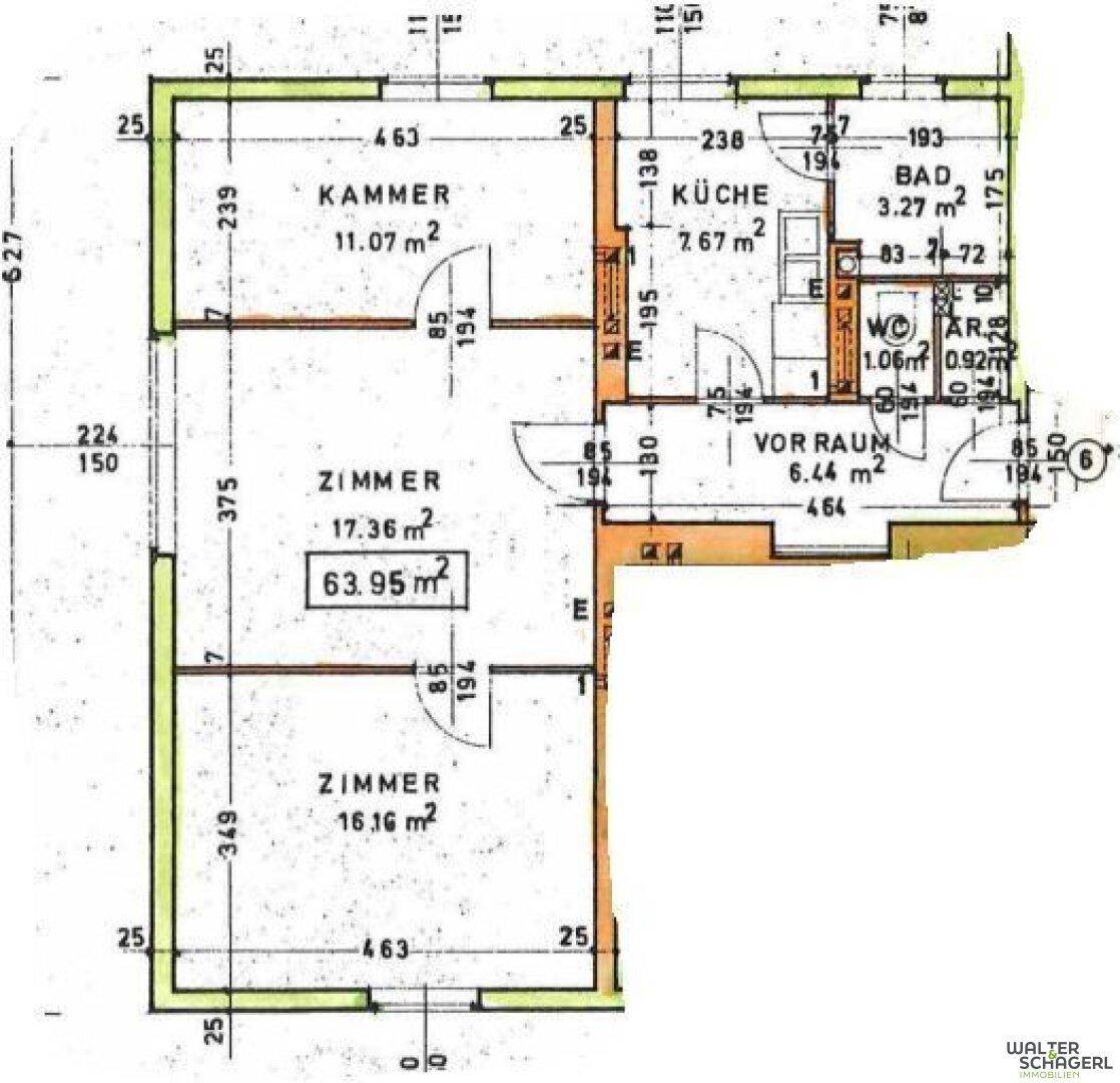 Grundriss einer Wohnung mit separater Küche, Bad, WC und mehreren Zimmern sowie Abstellräumen.