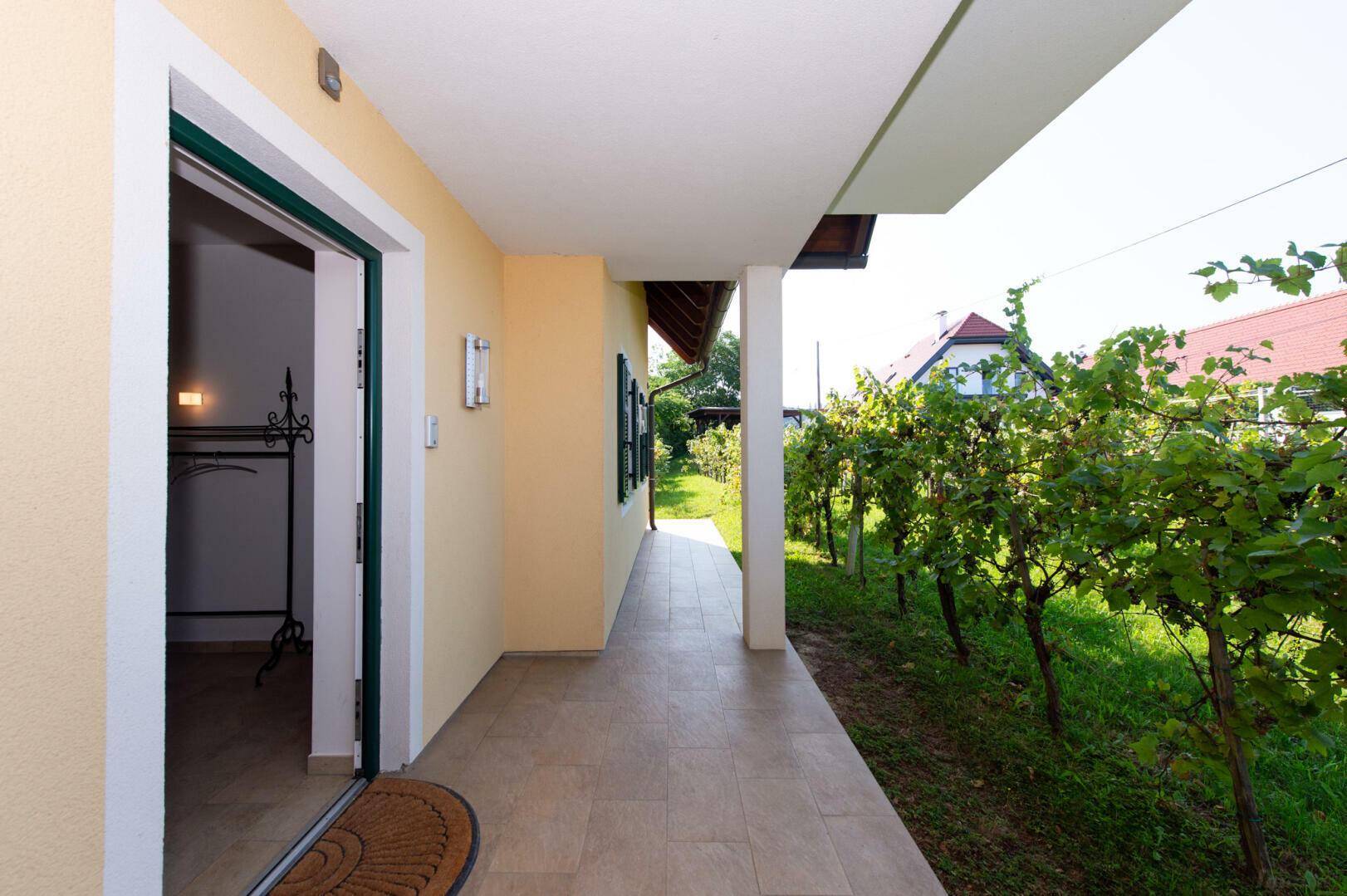 Überdachter Gang entlang des Hauses mit Fliesenboden und Blick auf die Weinreben.