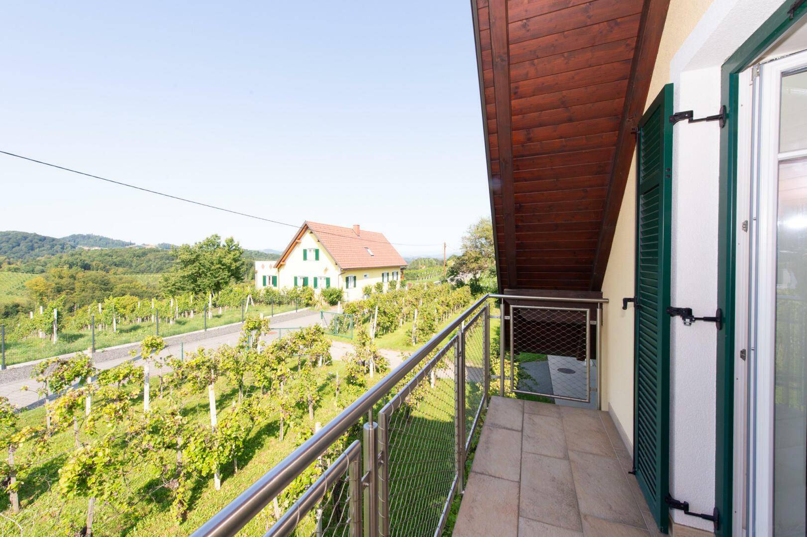 Balkon mit Metallgeländer und weitem Blick über die umliegenden Weinberge und Landschaft.