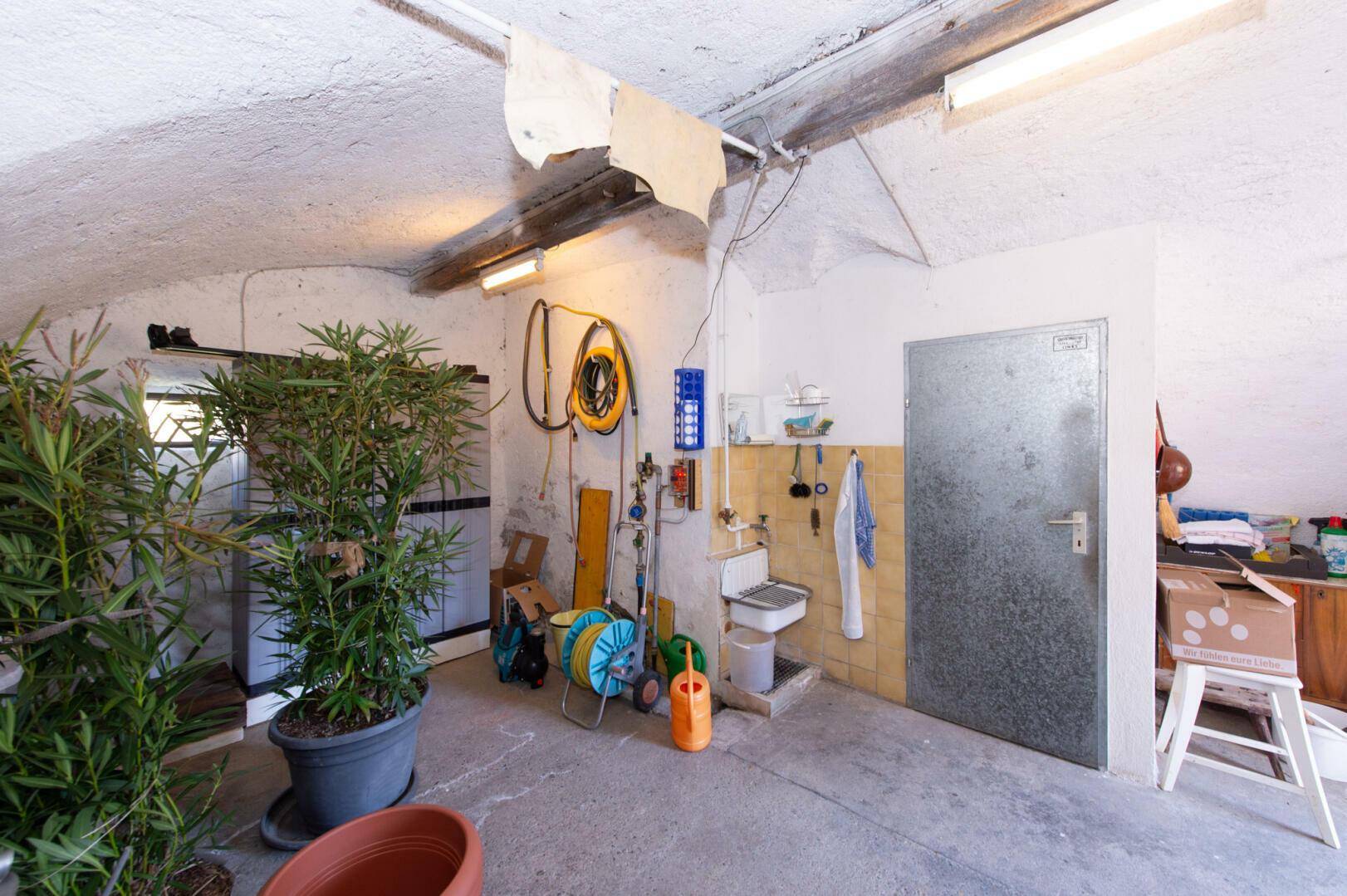 Garage mit Werkzeugen, Pflanzen und Zugangstür.