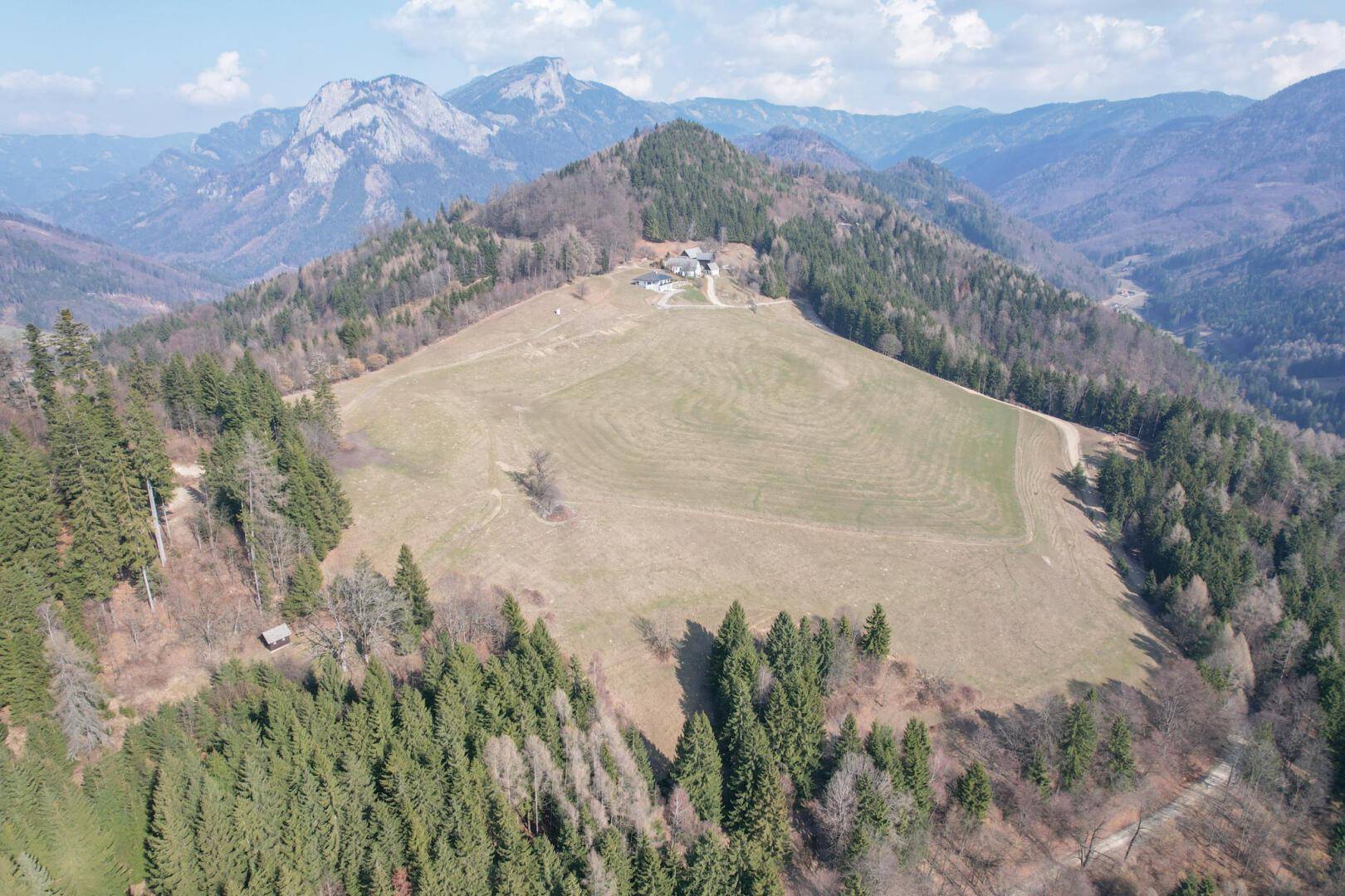 Luftaufnahme des Anwesens mit großem Feld und umliegenden Wäldern.