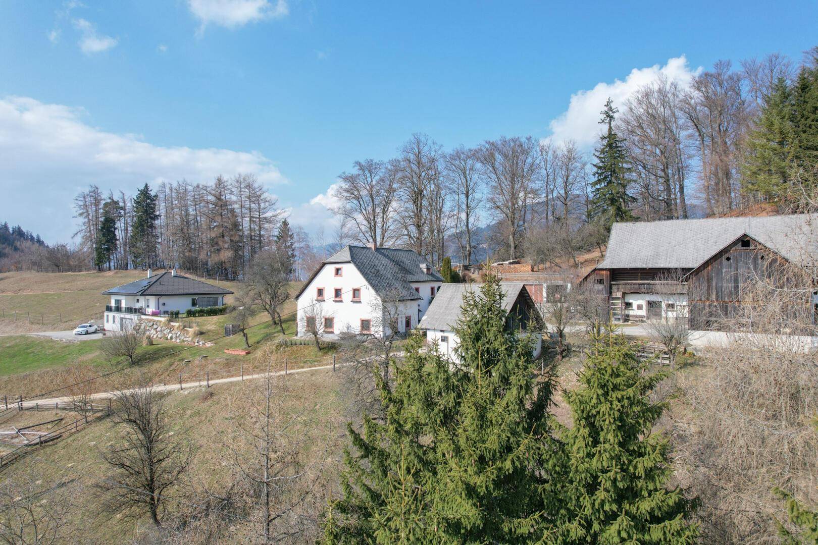 Blick auf die beiden Häuser in einer grünen Hügellandschaft mit Bäumen.