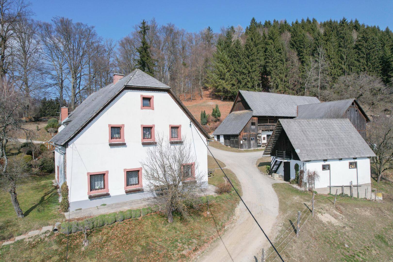 Traditionelle Gebäude in ländlicher Umgebung mit Wald im Hintergrund.