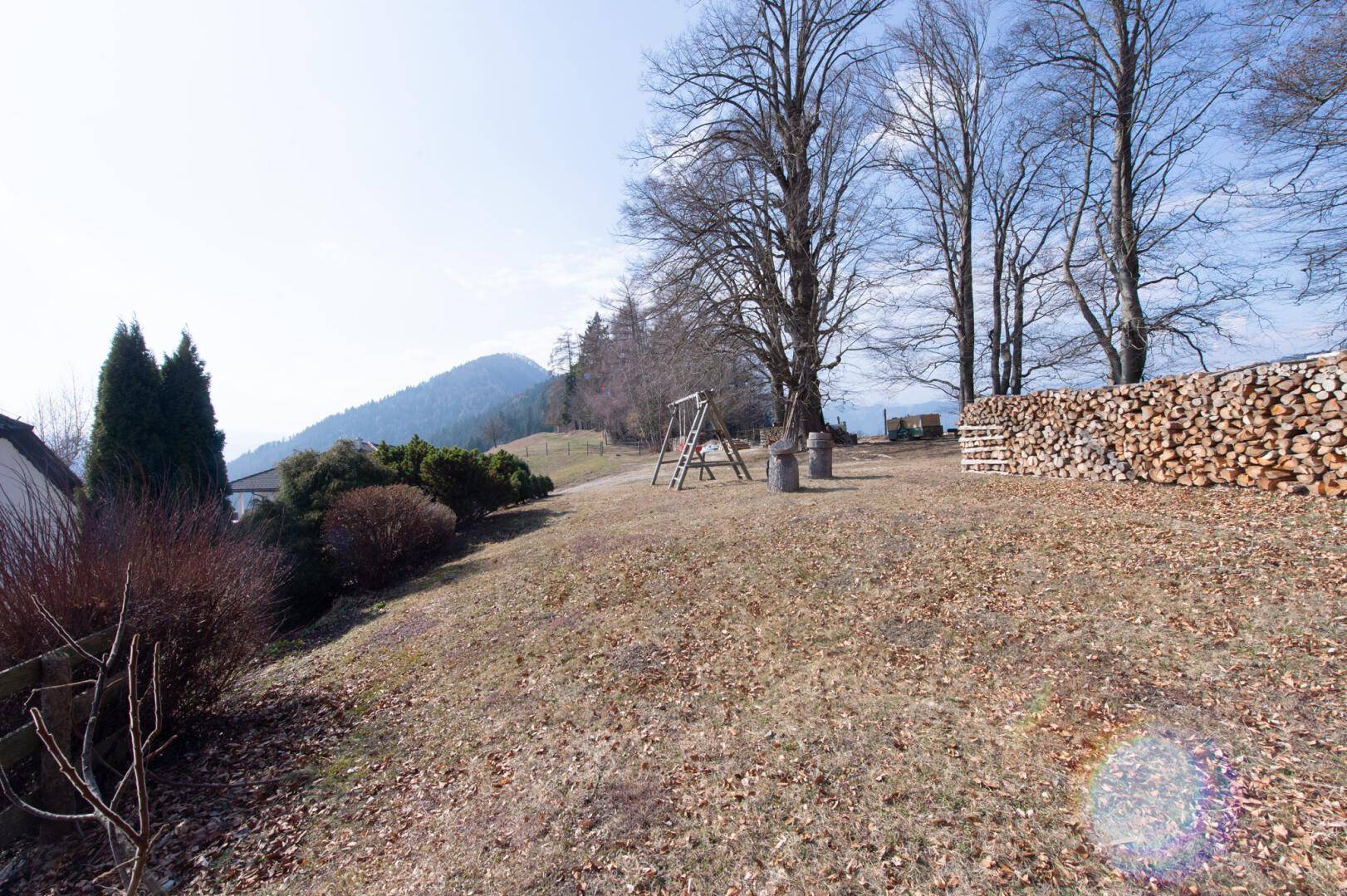 Großer Gartenbereich mit Holzstapel, Schaukel und Bäumen in ländlicher Umgebung.
