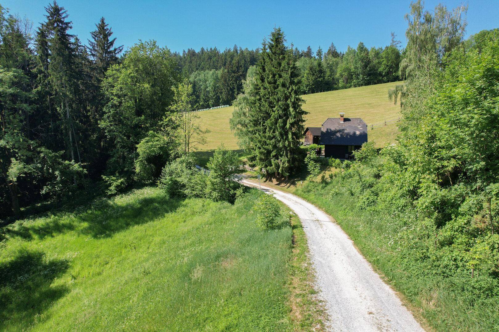 Serpentinenartiger Feldweg führt durch die grüne Landschaft zum abgelegenen Anwesen.