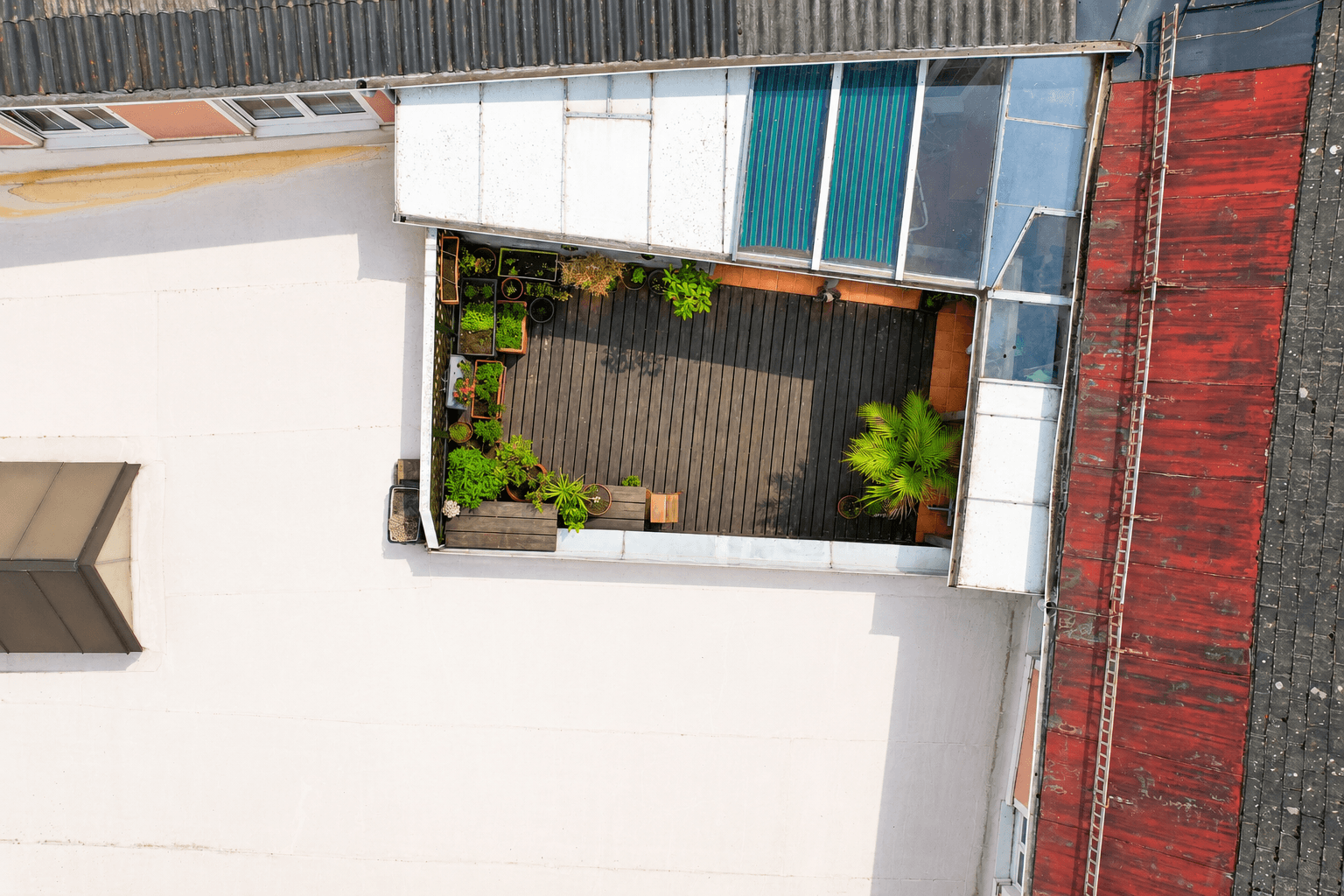 Dachterrasse mit Holzboden und Pflanzen, bietet einen privaten Außenbereich mit viel Grün.