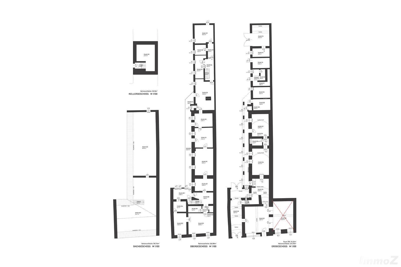 Grundrisse für Keller-, Dach-, Ober- und Erdgeschoss des Gebäudes.