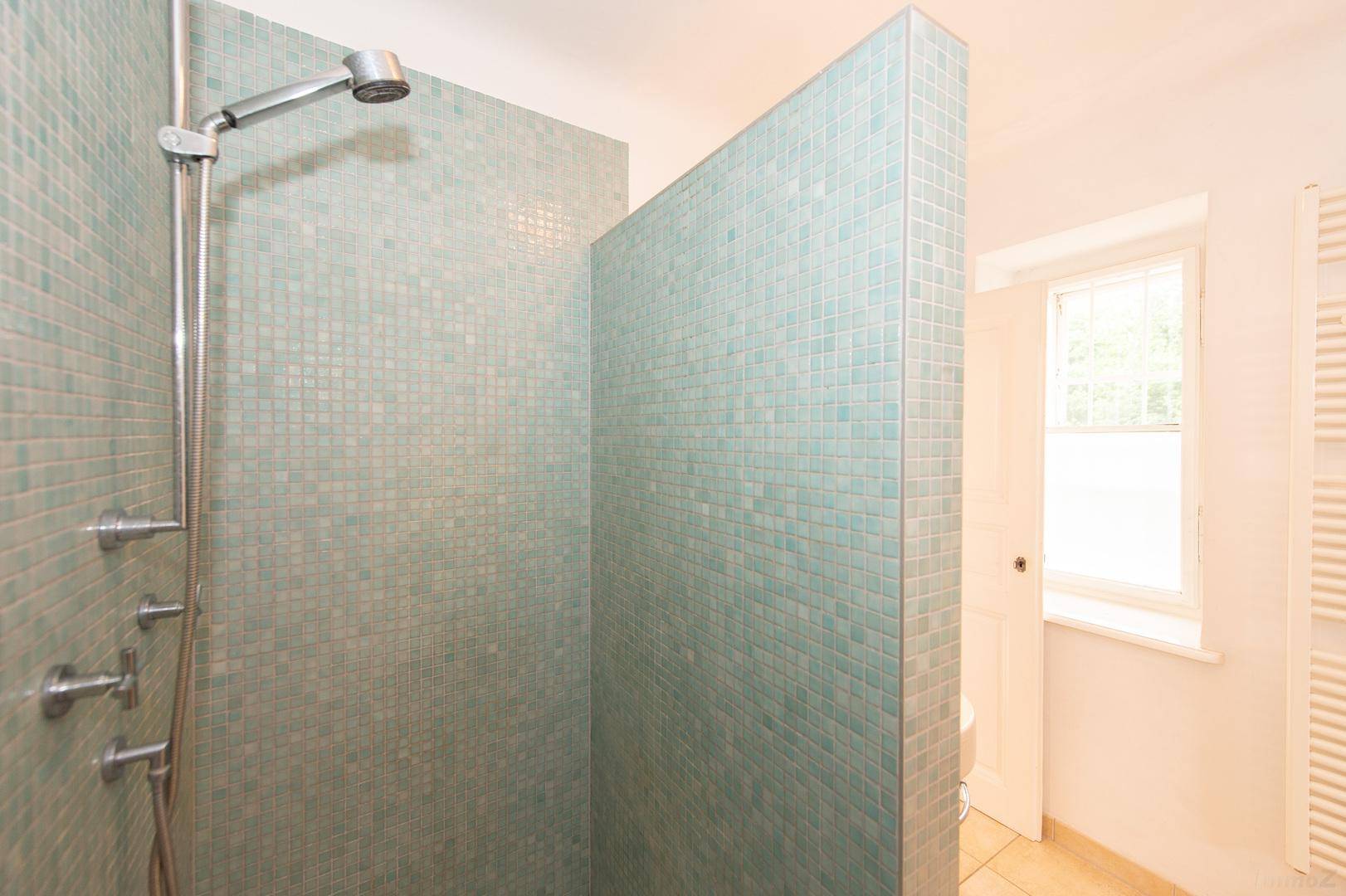 Duschbereich mit hellblauen Mosaikfliesen und moderner Duscharmatur im Badezimmer.