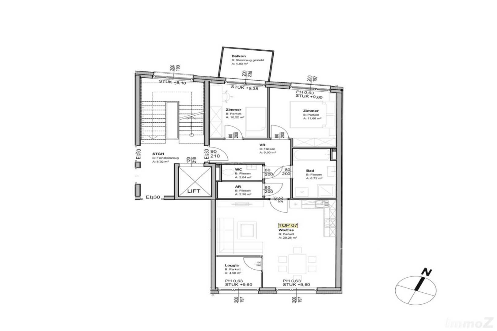 Grundriss einer Wohnung mit drei Zimmern, Balkon, Loggia und offenem Wohn-Essbereich.