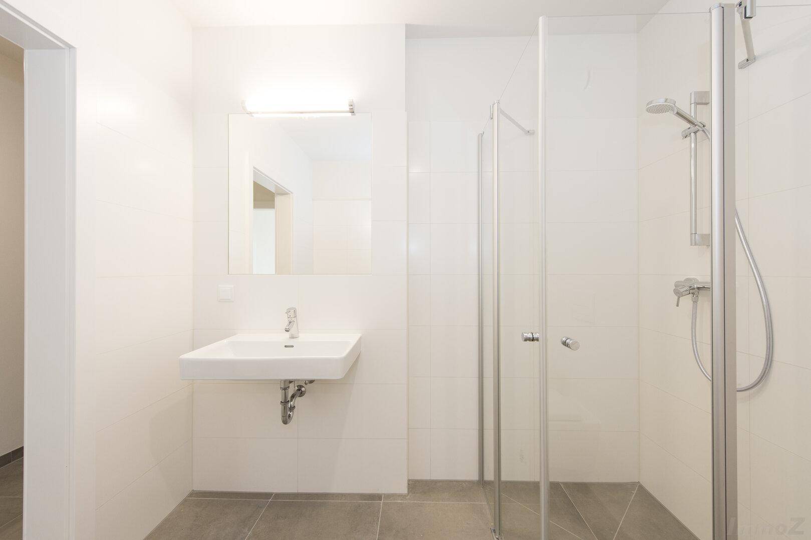 Modernes Badezimmer mit Waschbecken, Spiegel und einer Duschkabine aus Glas.