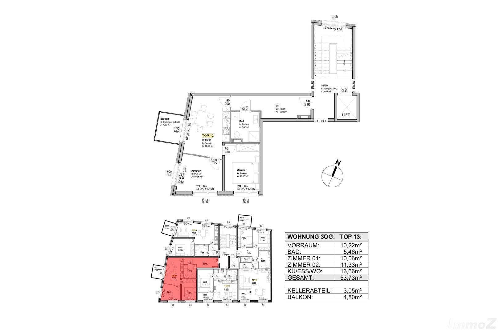 Detaillierter Grundriss mit zwei Ebenen, Raumaufteilung und Flächenangaben, inklusive Balkon und Lift.