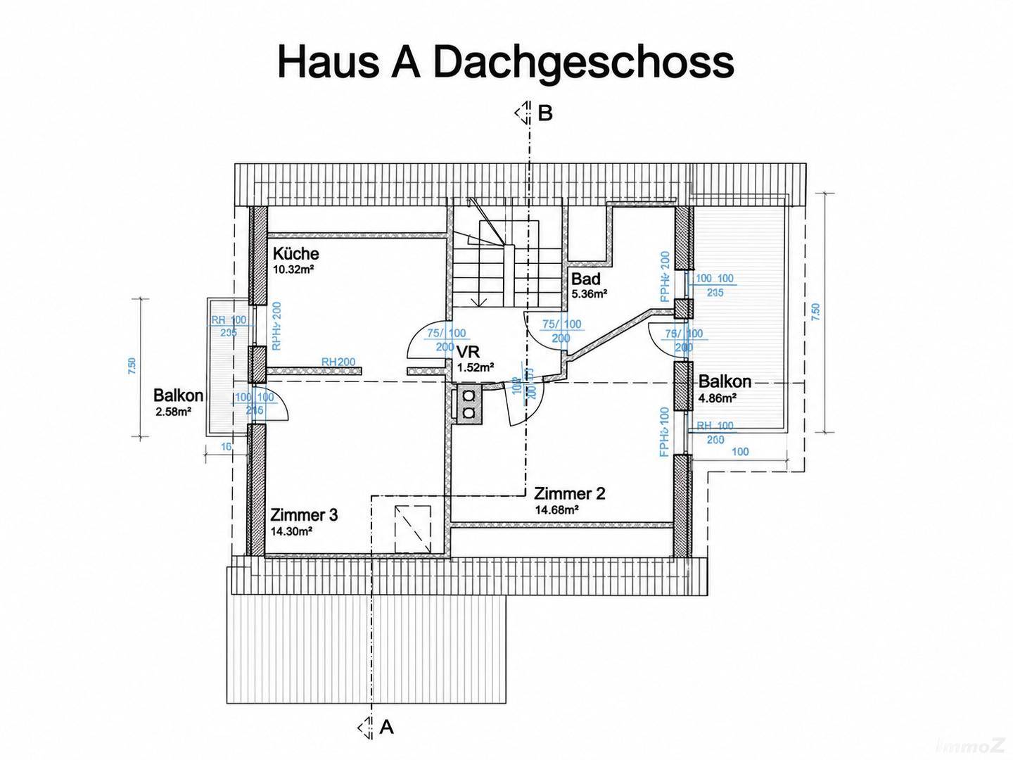 Grundriss des Dachgeschosses von Haus A mit Schlafzimmern, Bad und zwei Balkonen.