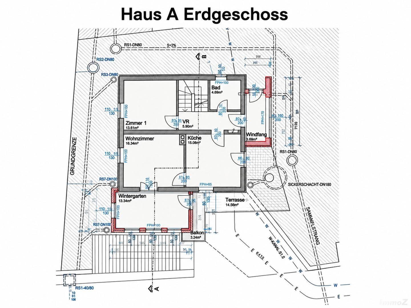 Grundriss des Erdgeschosses von Haus A mit Wohnzimmer, Küche, Wintergarten und Terrasse.