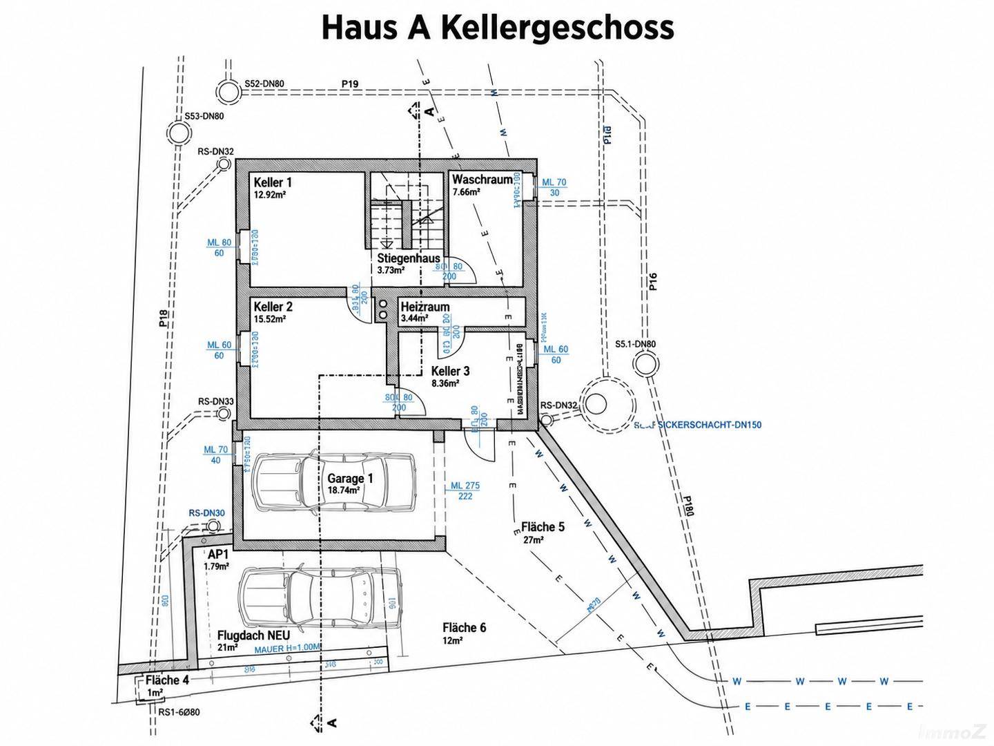 Grundriss des Kellergeschosses von Haus A mit Kellerräumen, Waschraum und Garage.