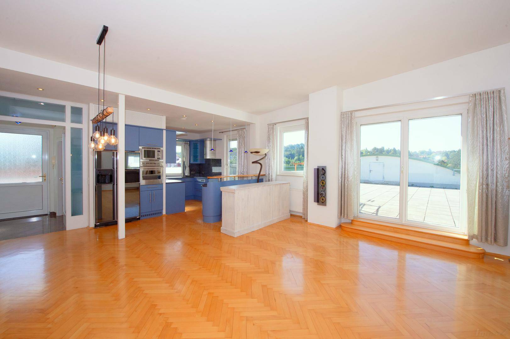 Geräumiger Wohnbereich mit offener Küche, Parkettboden und Zugang zur Dachterrasse.
