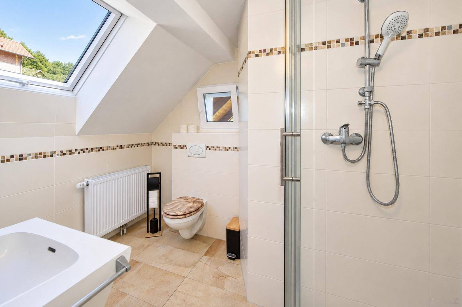 Helles Badezimmer mit Duschkabine, WC und Dachfenster unter der Dachschräge.
