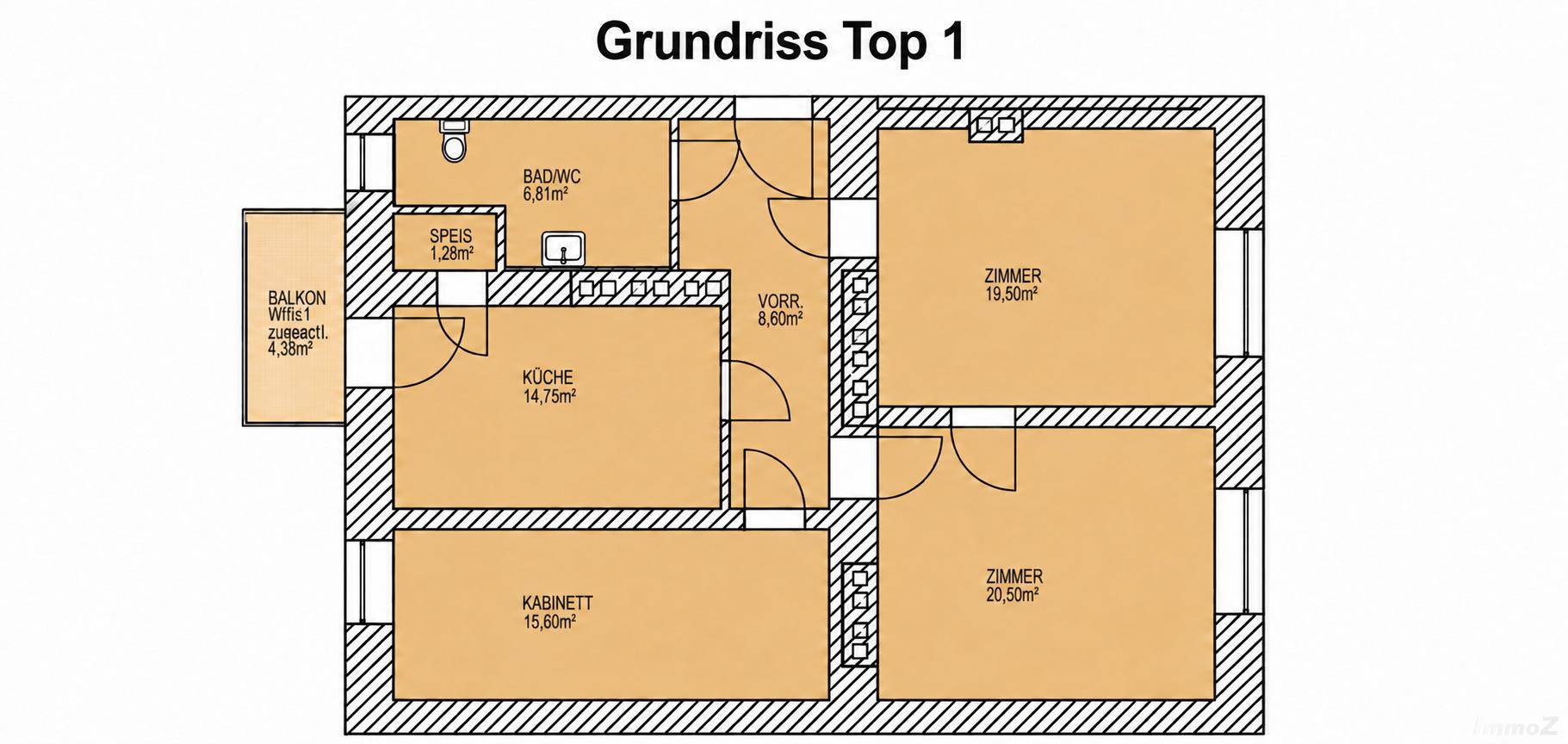 Grundriss der Wohnung Top 1 mit Balkon, Küche, Bad und mehreren Zimmern.