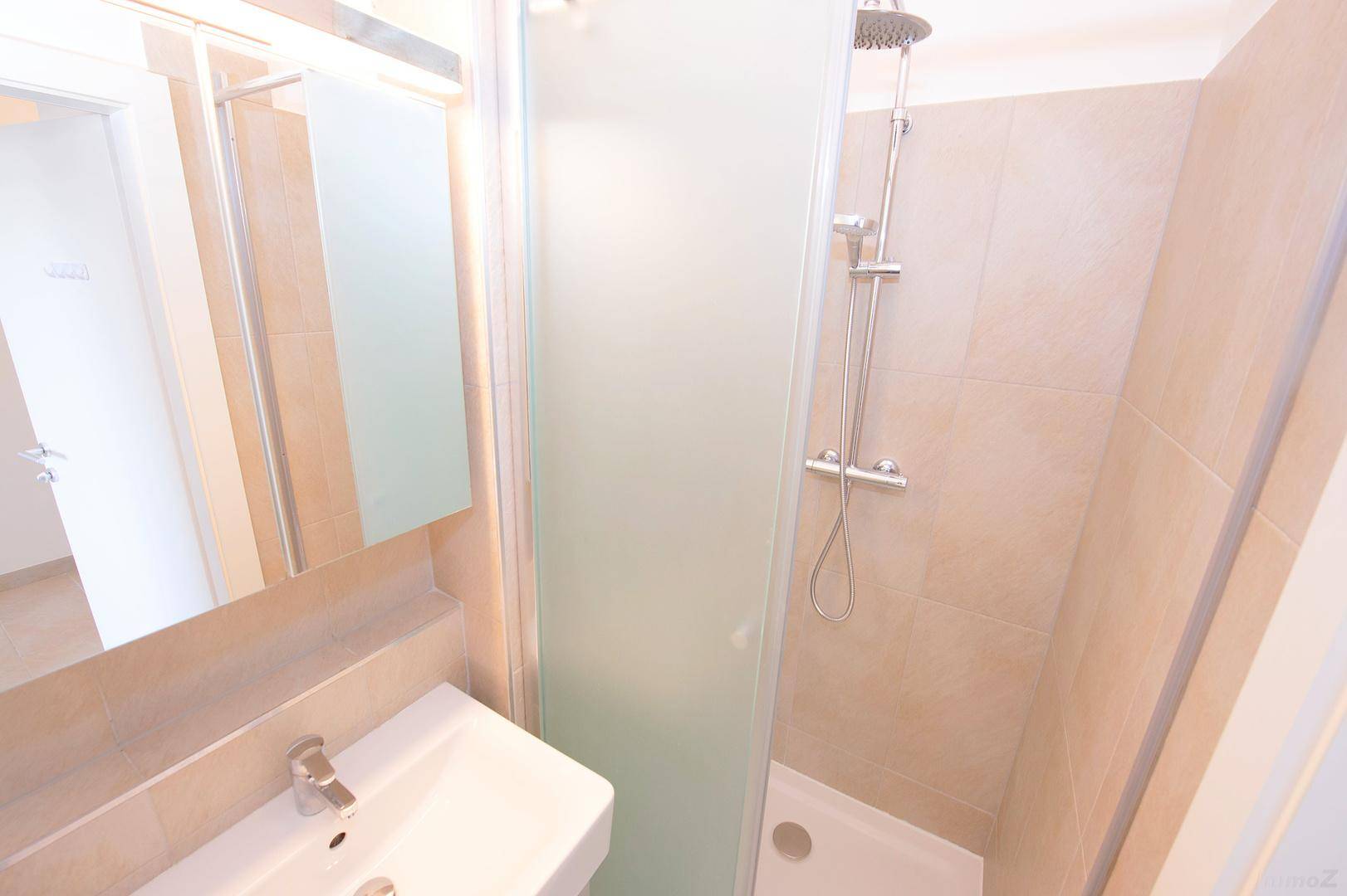 Gefliestes Badezimmer mit moderner Duschkabine und Handbrause, sauber und funktional.