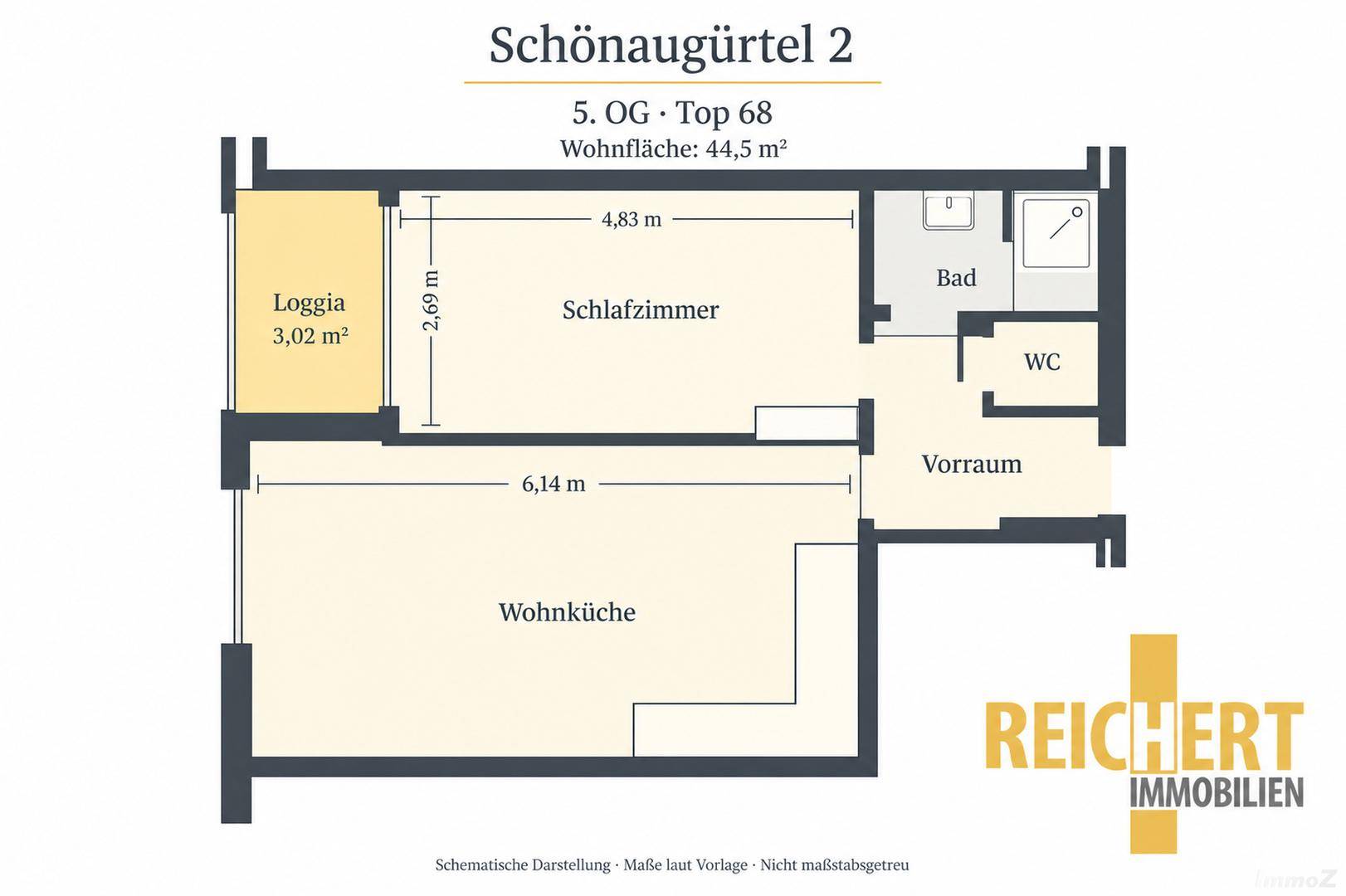 Grundriss einer Wohnung mit Wohnküche, Schlafzimmer, Bad, WC und Loggia.