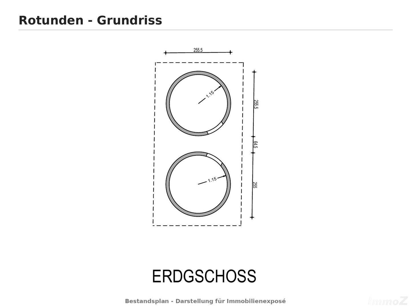 Grundriss des Erdgeschosses mit zwei runden Strukturen, die als Lagerräume dienen könnten.