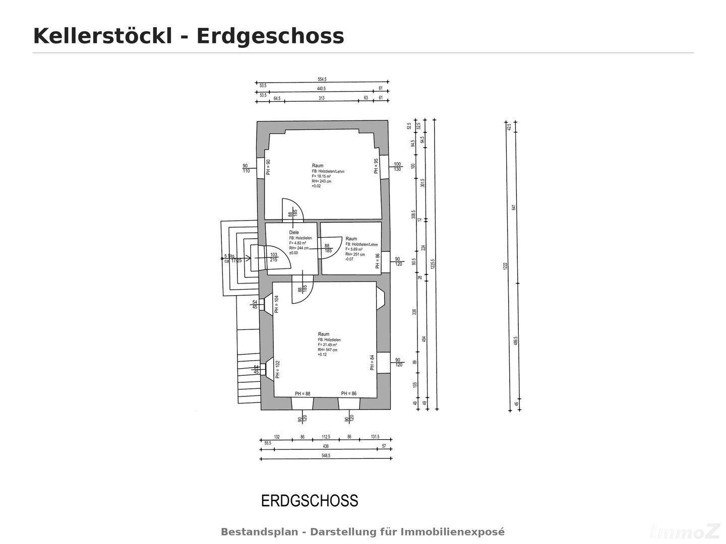 Grundriss des Erdgeschosses eines Kellerstöckls mit mehreren Räumen und Zugang über eine Treppe.