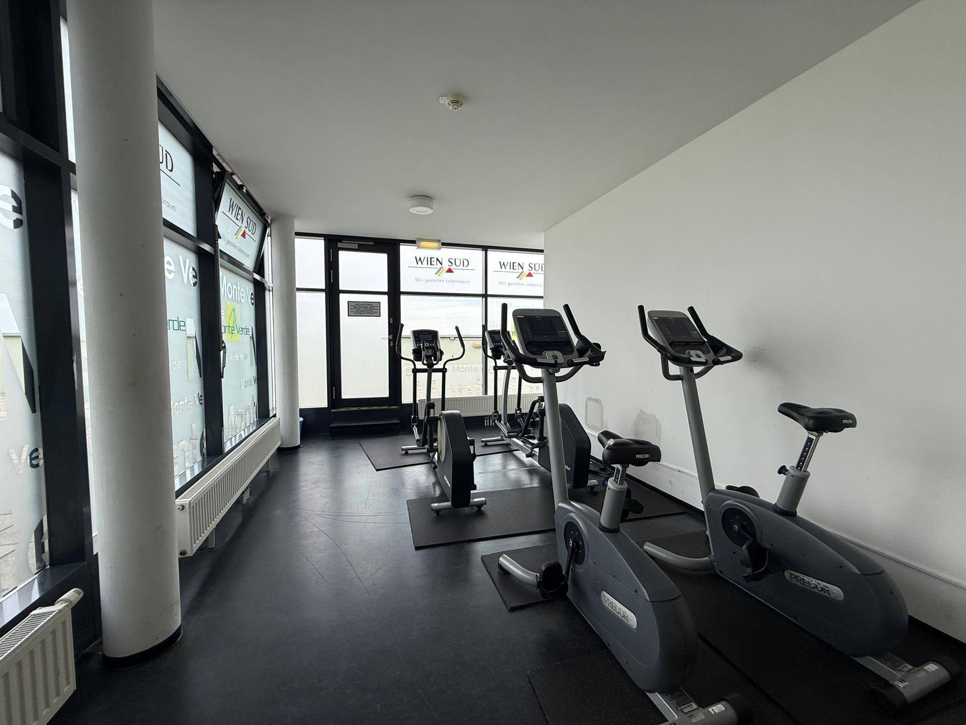 Moderner Fitnessraum mit verschiedenen Trainingsgeräten und großen Fenstern für natürliches Licht.