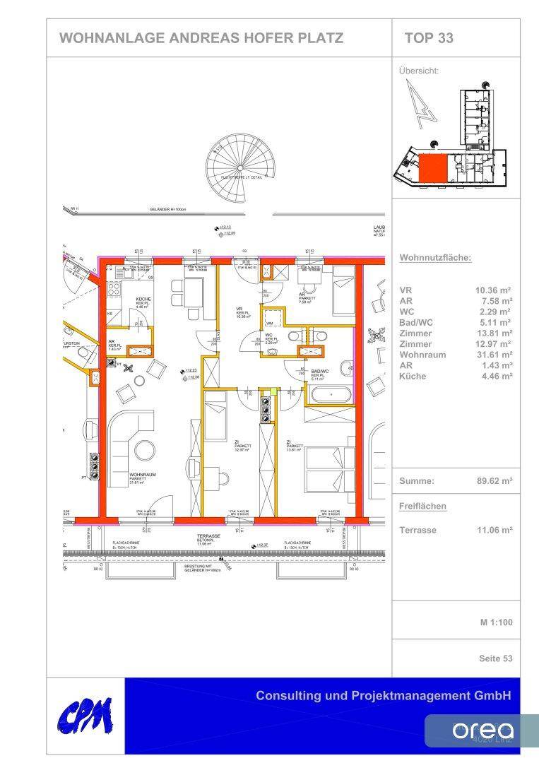Detaillierter Grundriss einer Wohnung mit offenem Wohnbereich, Schlafzimmer und großer Terrasse.