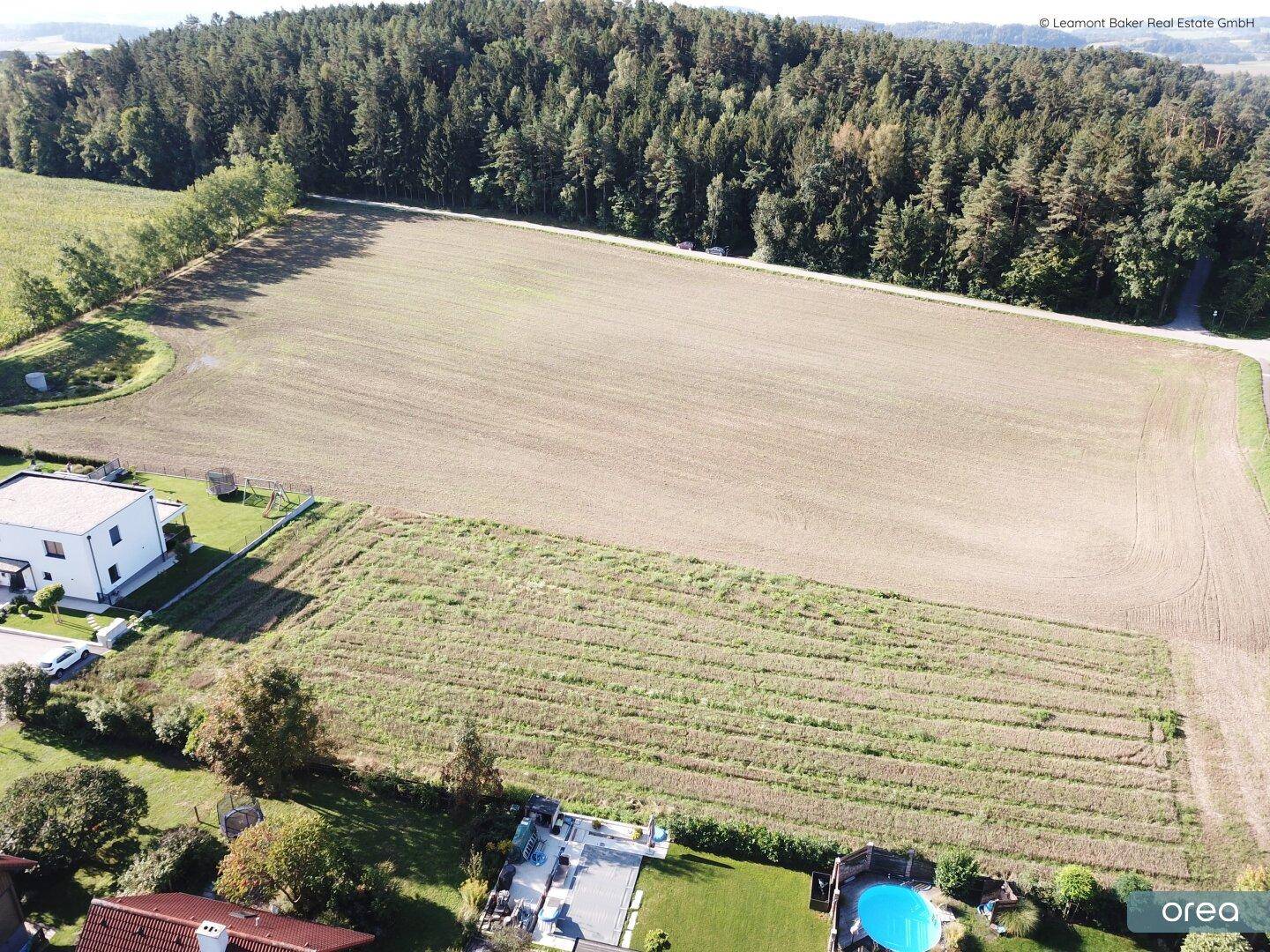 Weitläufige Luftaufnahme mit Feldern, Wald und einem Wohnhaus mit Swimmingpool.