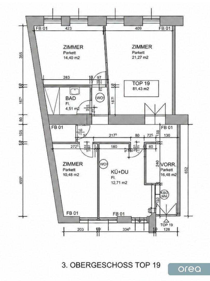 Grundriss der Wohnung Top 19 im 3. Obergeschoss mit drei Zimmern, Bad und Balkon.