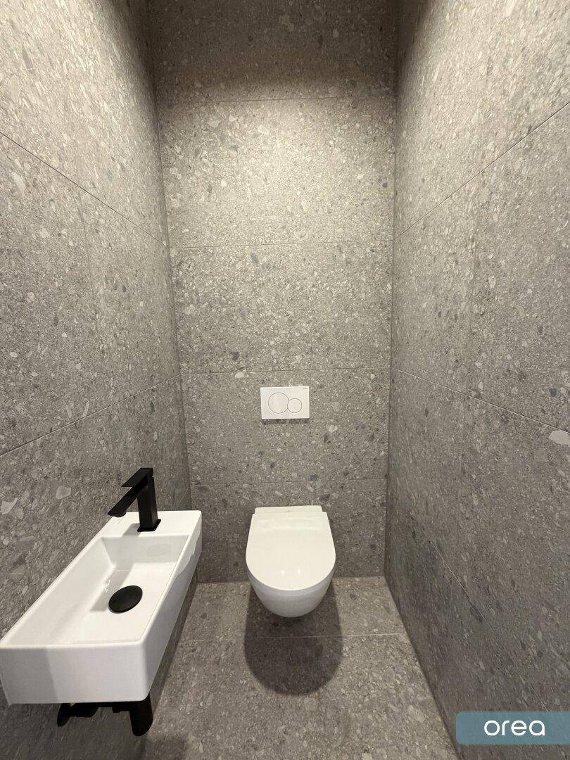 Kleines Gäste-WC mit modernen grauen Fliesen, wandhängendem WC und minimalistischem Waschbecken.