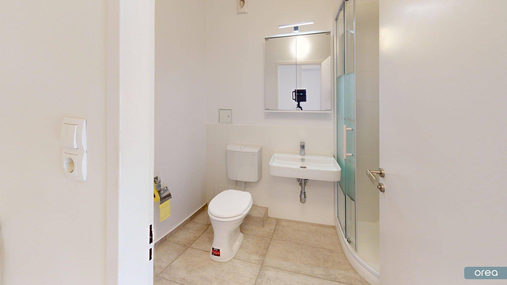 Helles Badezimmer mit Dusche, WC, Waschbecken und Spiegelschrank, ausgestattet mit hellen Fliesen.