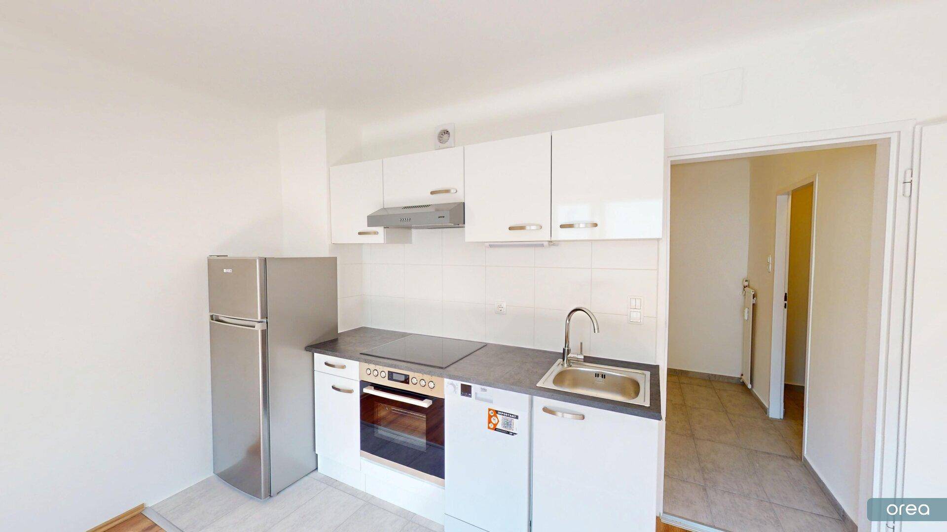 Kompakte und funktionale Küchenzeile mit Induktionskochfeld, Spüle und Kühlschrank, perfekt für kleine Wohnungen.