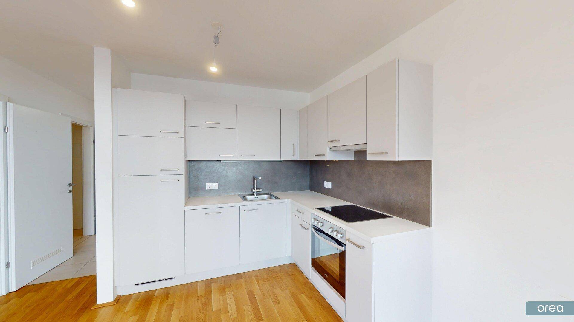Detailansicht der modernen Einbauküche mit weißen Fronten, Induktionskochfeld und integriertem Backofen.