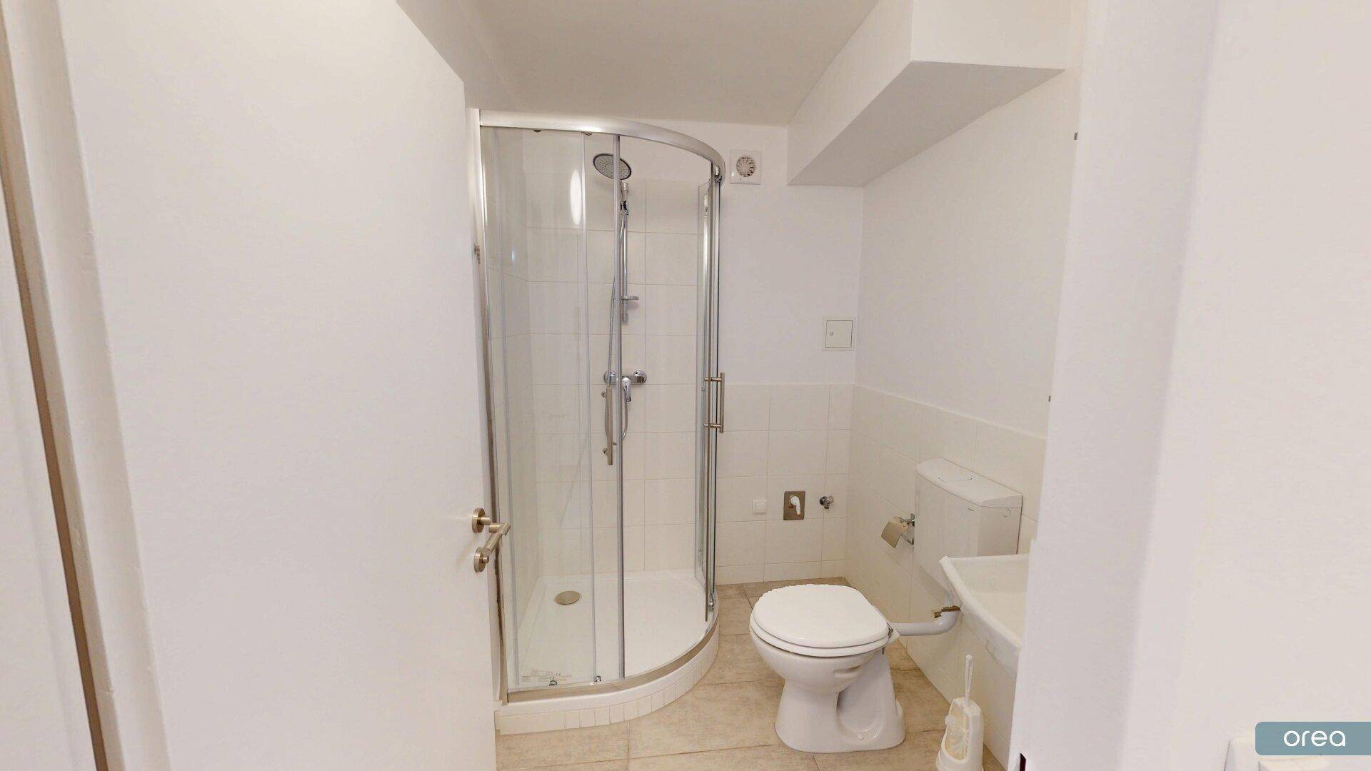 Modernes Badezimmer mit Duschkabine, Toilette und Waschbecken in hellen Farbtönen.