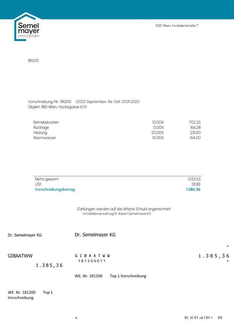 Monatliche Vorschreibung